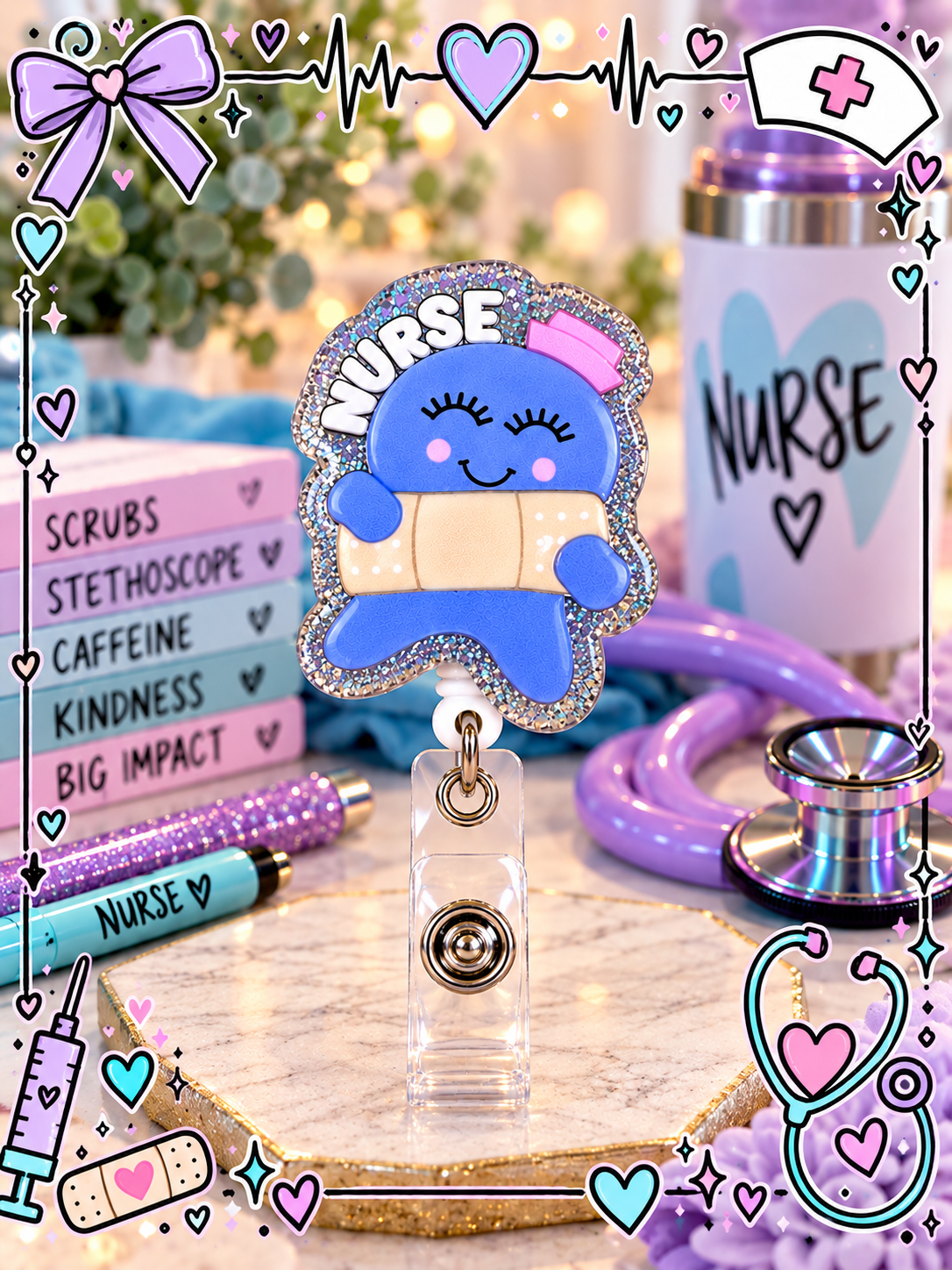 Cute blue nurse badge reel holding a bandage with pink cap and sparkling silver-toned border