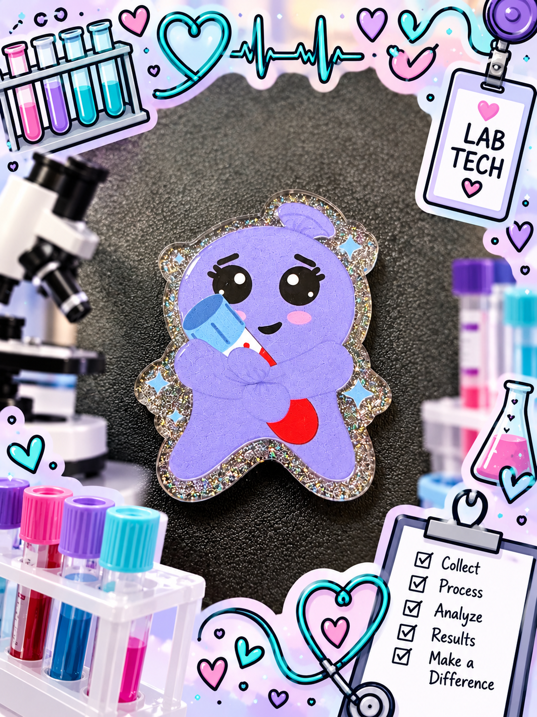 Purple lab tech badge reel in a pastel laboratory-themed display