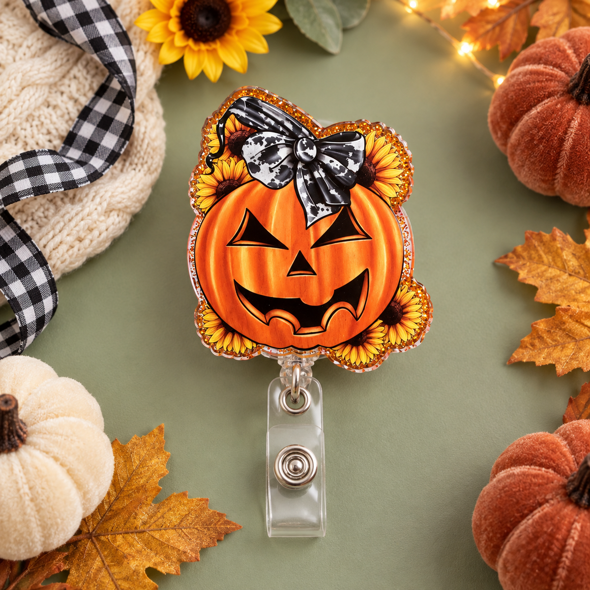 Pumpkin Sunflower & Cow-Print Bow Badge Reel