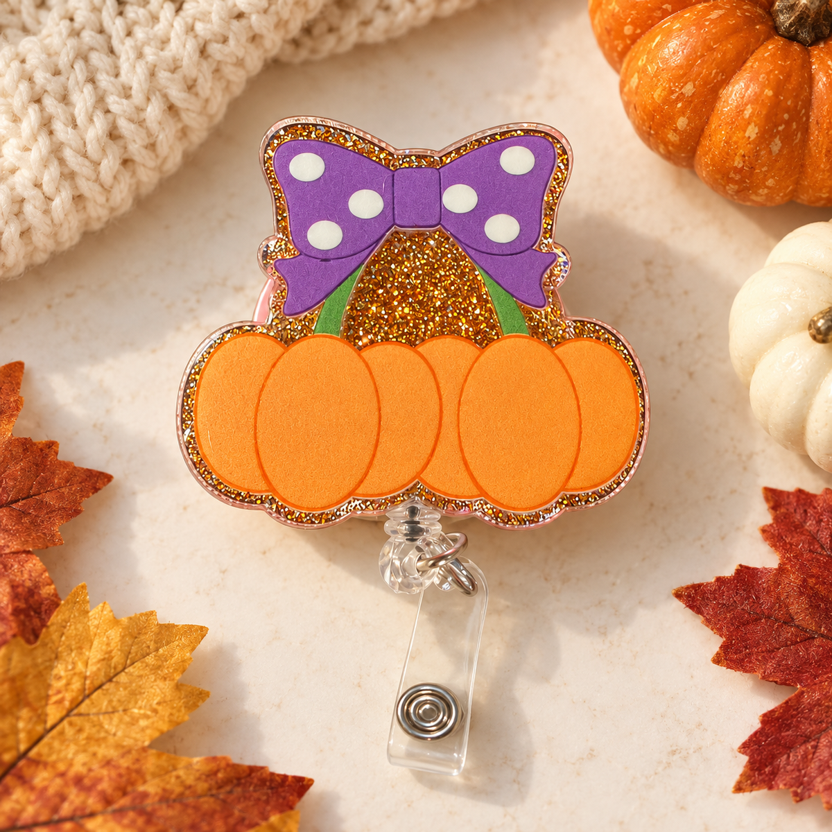 Pumpkin Bow Badge Reel – Glitter Acrylic Halloween