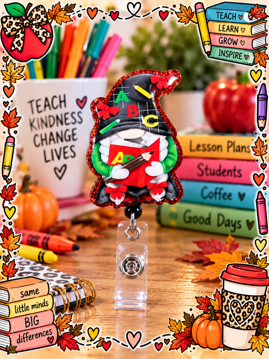 ABC teacher gnome badge reel with clear snap strap in an autumn classroom display