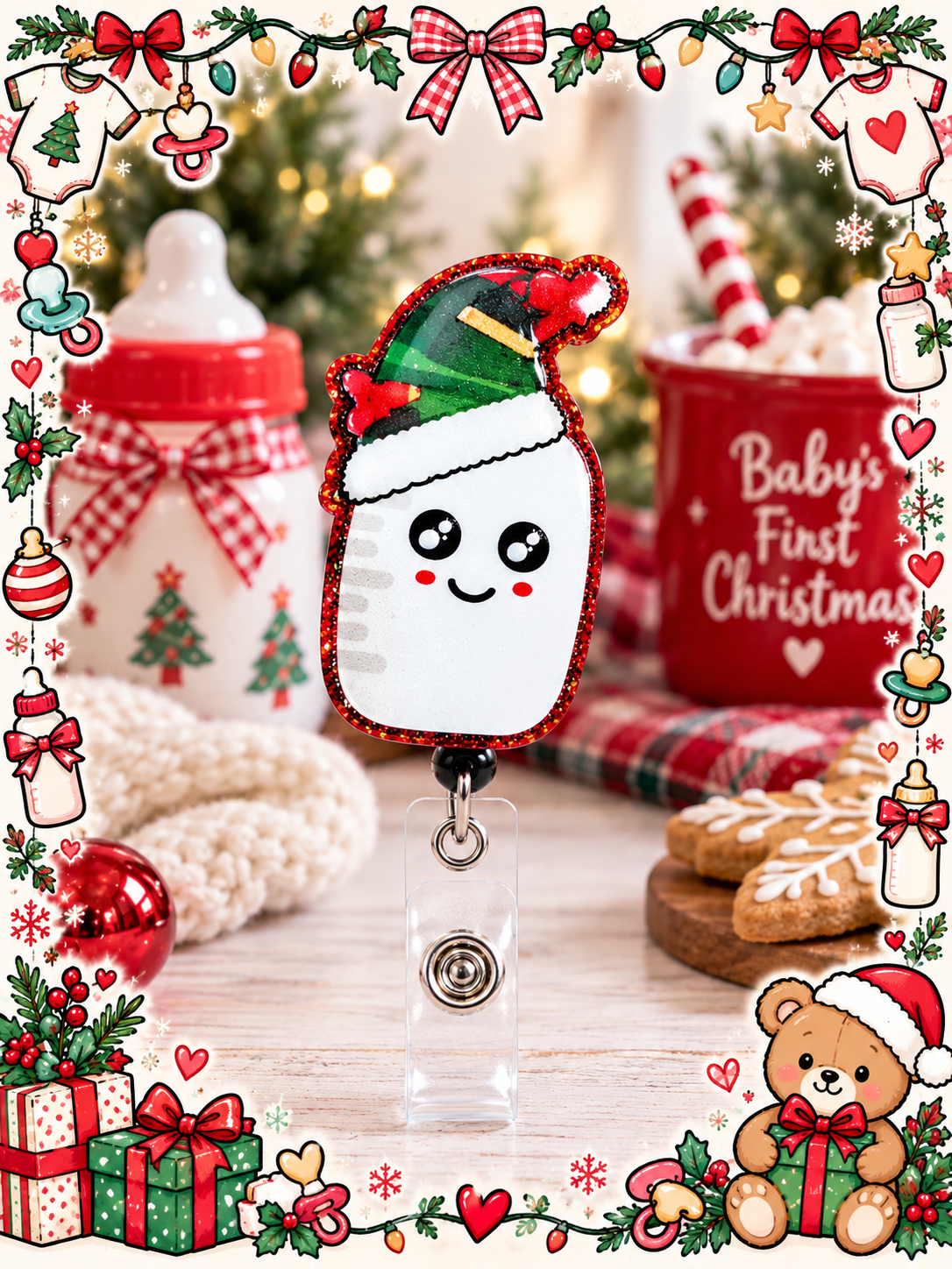 Festive smiling baby bottle badge reel with red and green Christmas hat details