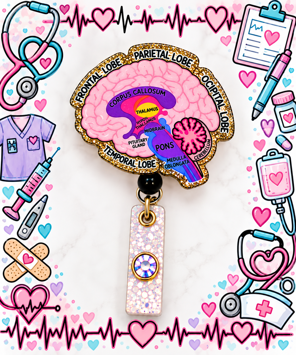 Pink and purple brain anatomy badge reel with printed labels and gold glitter edging