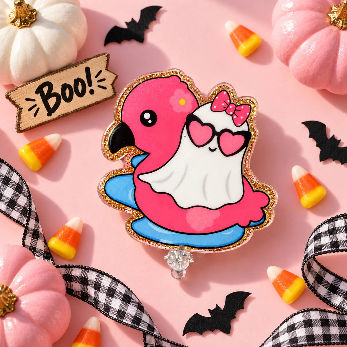 Ghost Flamingo Pool Float Badge Reel – Glitter Acrylic Halloween