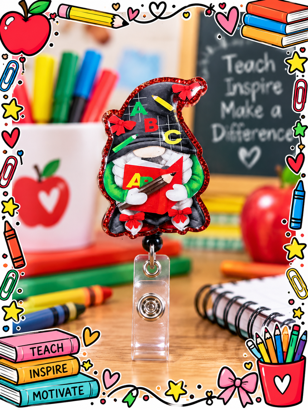 Chalkboard hat teacher gnome badge reel in a colorful school-themed desk display