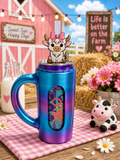 Highland cow with pink bow straw topper on an iridescent blue-purple can holder mug with farm backdrop