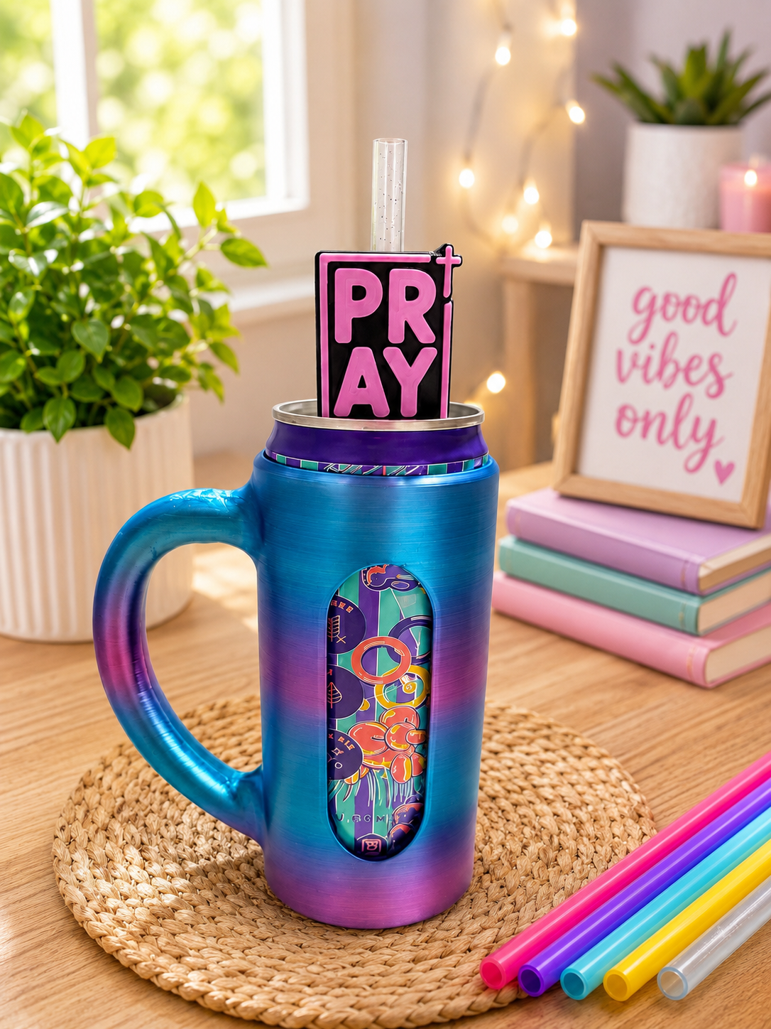 PRAY straw topper with black background and pink lettering on an iridescent blue-purple can holder mug