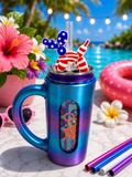 Patriotic red white and blue balloon animal straw topper on an iridescent blue-purple can holder mug