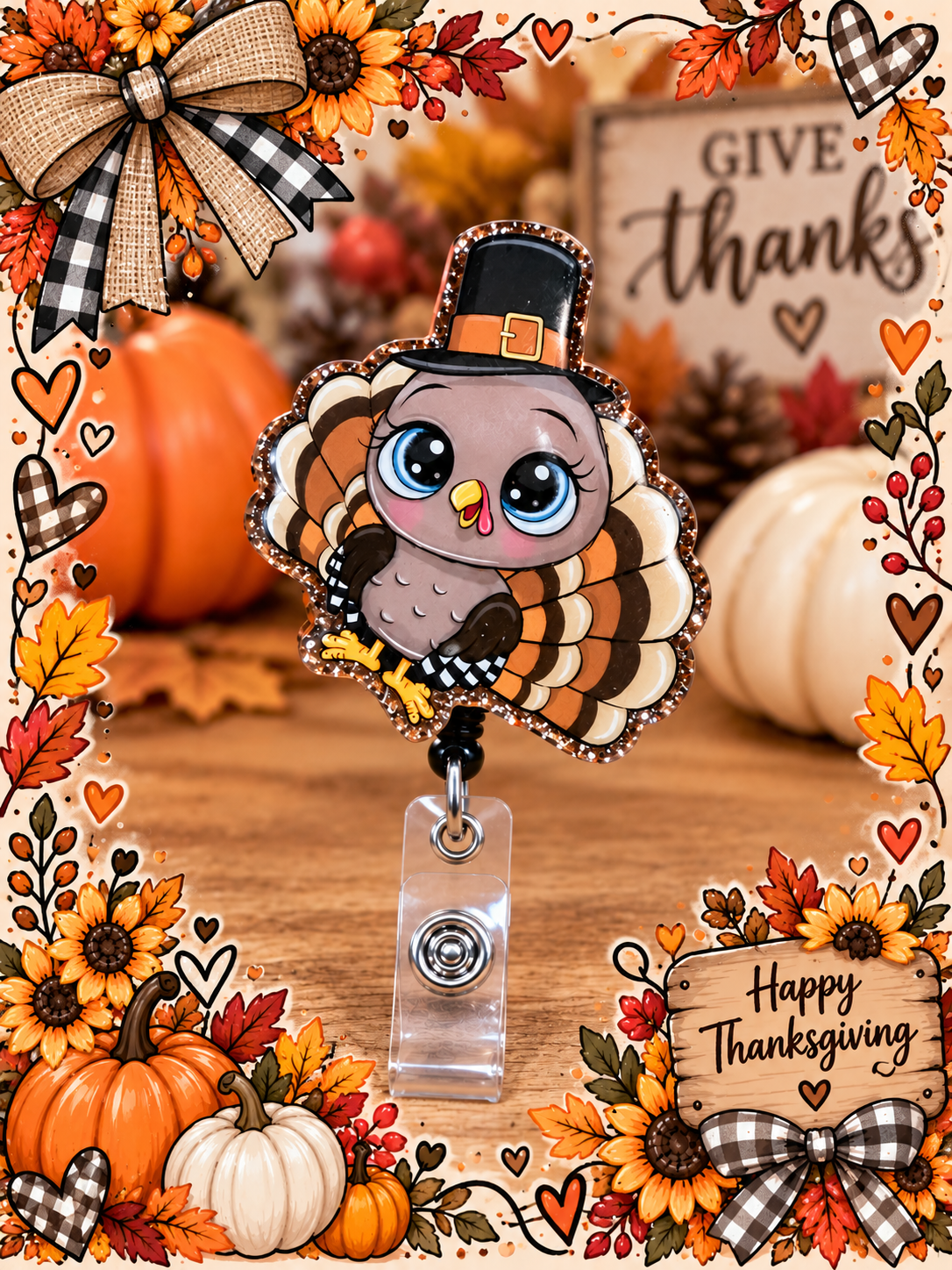 Big-eyed turkey badge reel in a festive Thanksgiving display