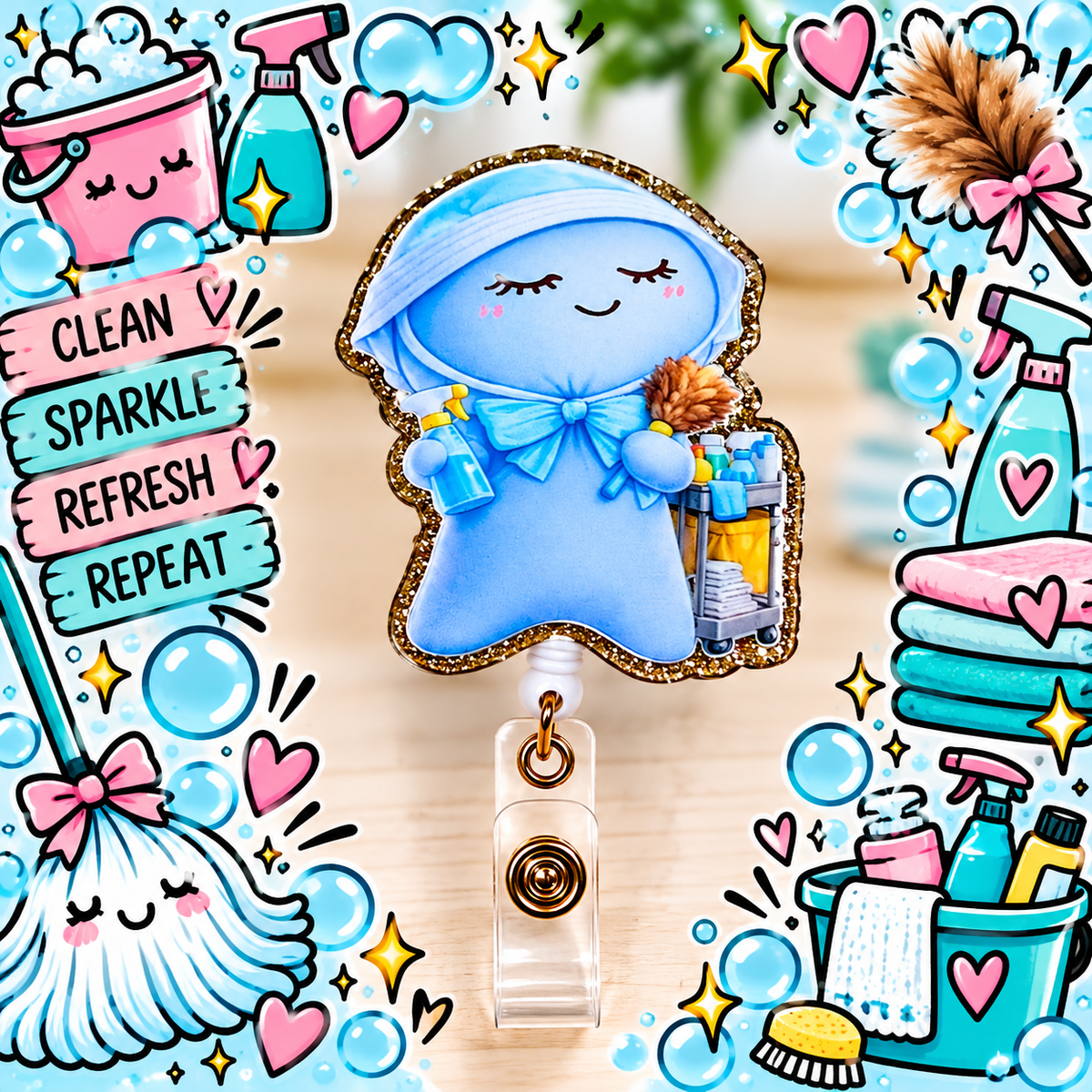 Housekeeping badge reel displayed with colorful clean sparkle refresh repeat decorations