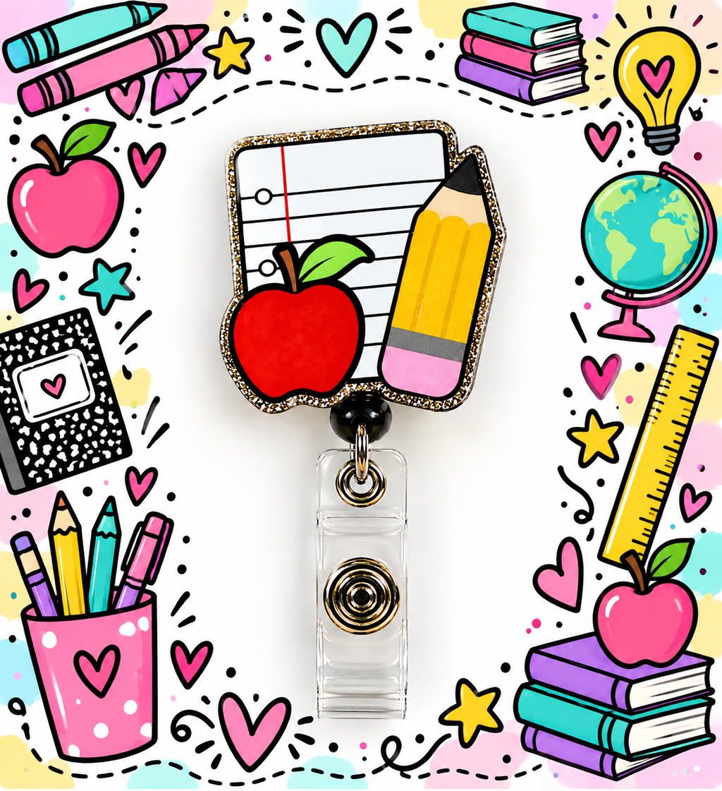 Apple pencil and notebook badge reel with black bead accent in a bright teacher desk display