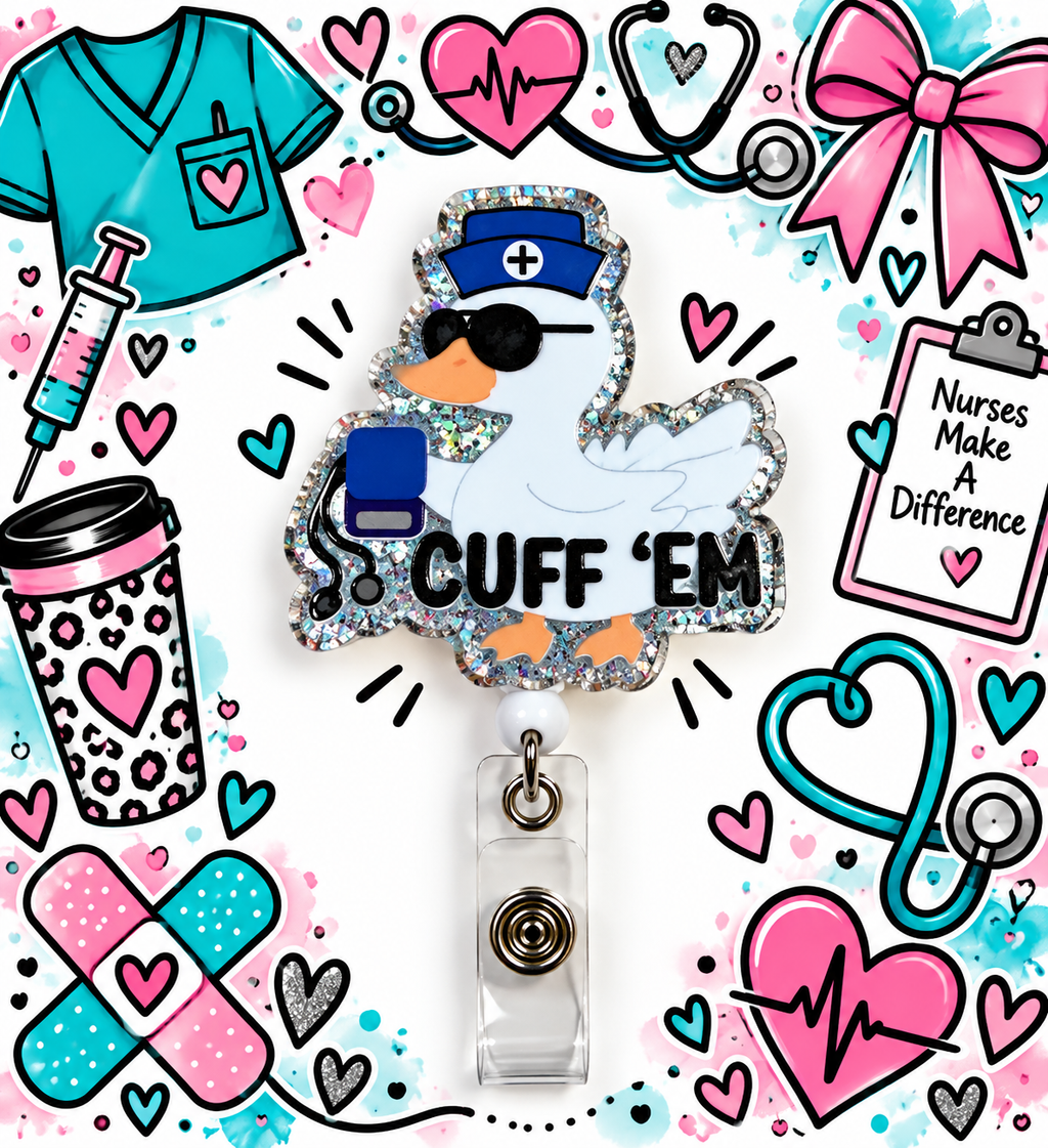 Nurse duck badge reel with blood pressure cuff artwork in a pink and teal nursing display