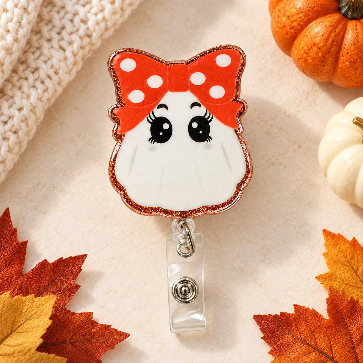 Ghost Bow Badge Reel – Glitter Acrylic Halloween