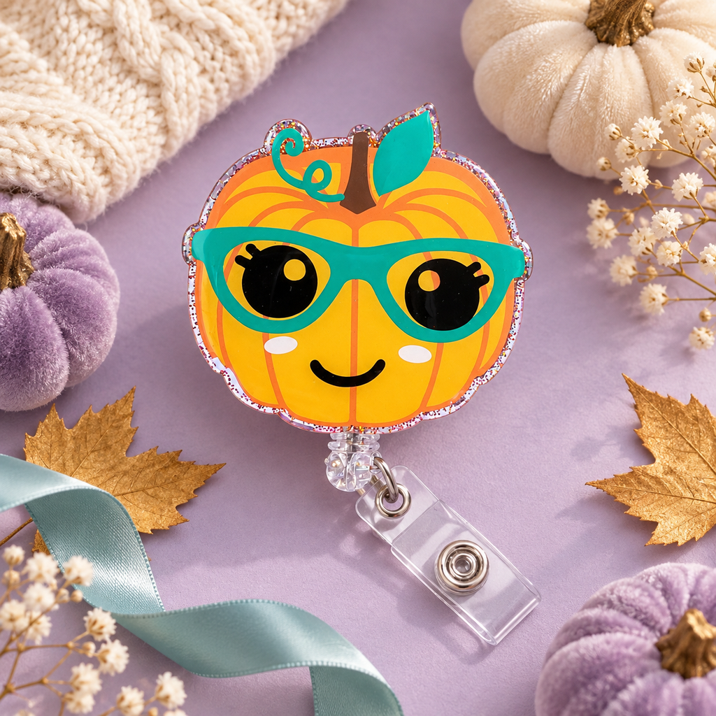 Glittery Pumpkin with Teal Glasses Badge Reel