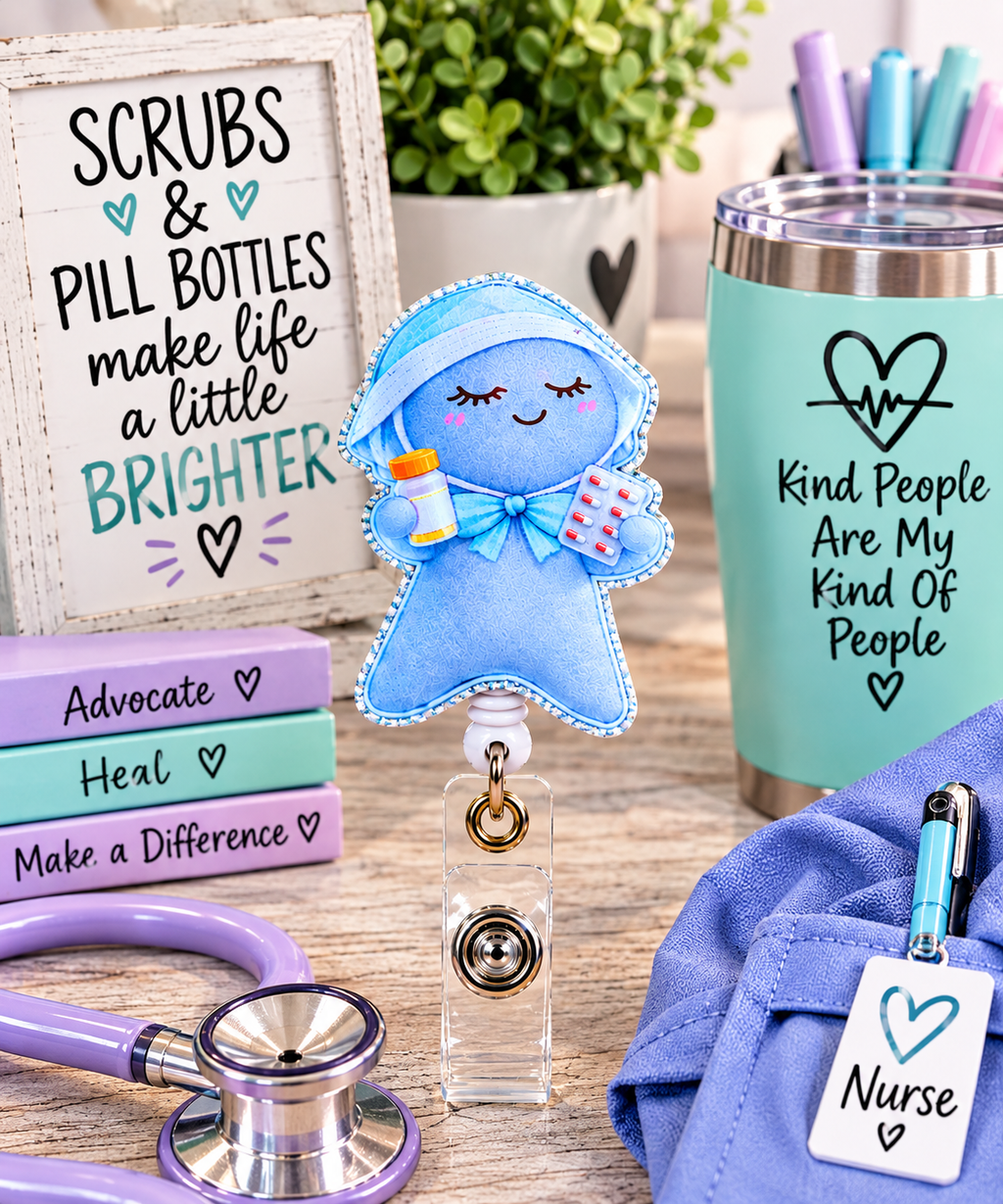 Blue pharmacy badge reel with bow and medicine details in a pastel desk display