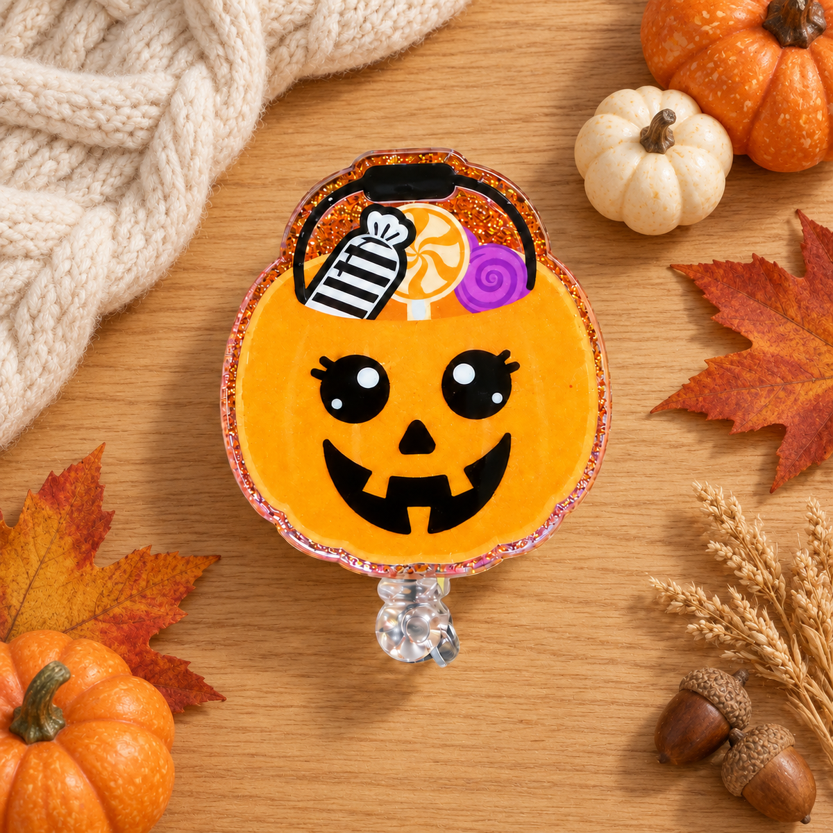 Halloween Pumpkin Candy Bucket Badge Reel