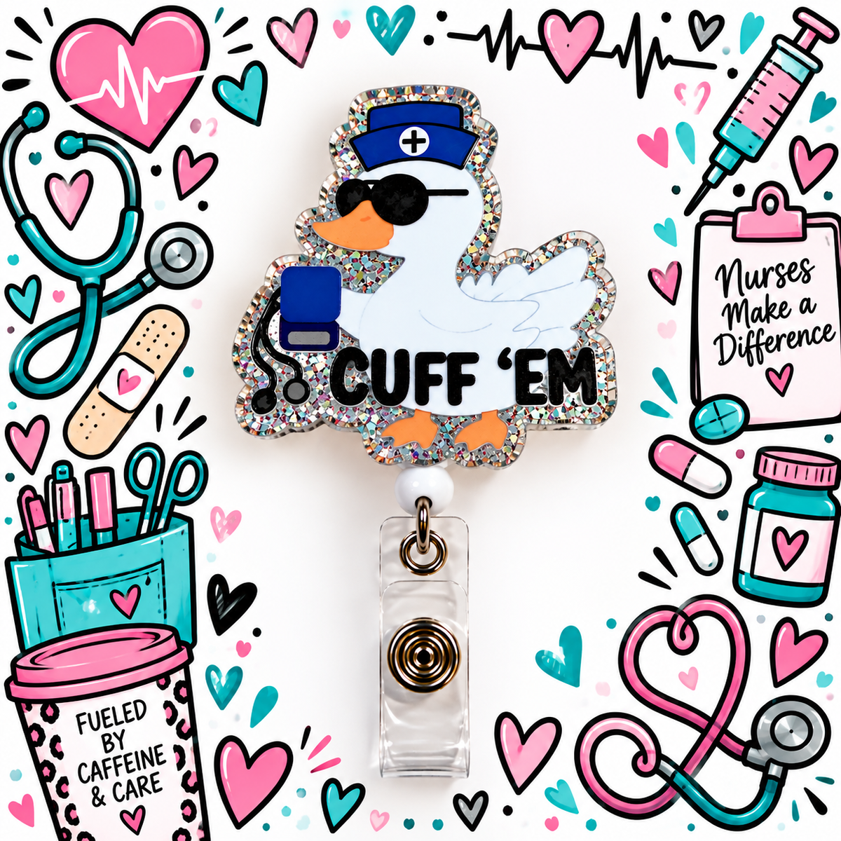 Cuff 'Em nurse duck badge reel framed by colorful nursing illustrations