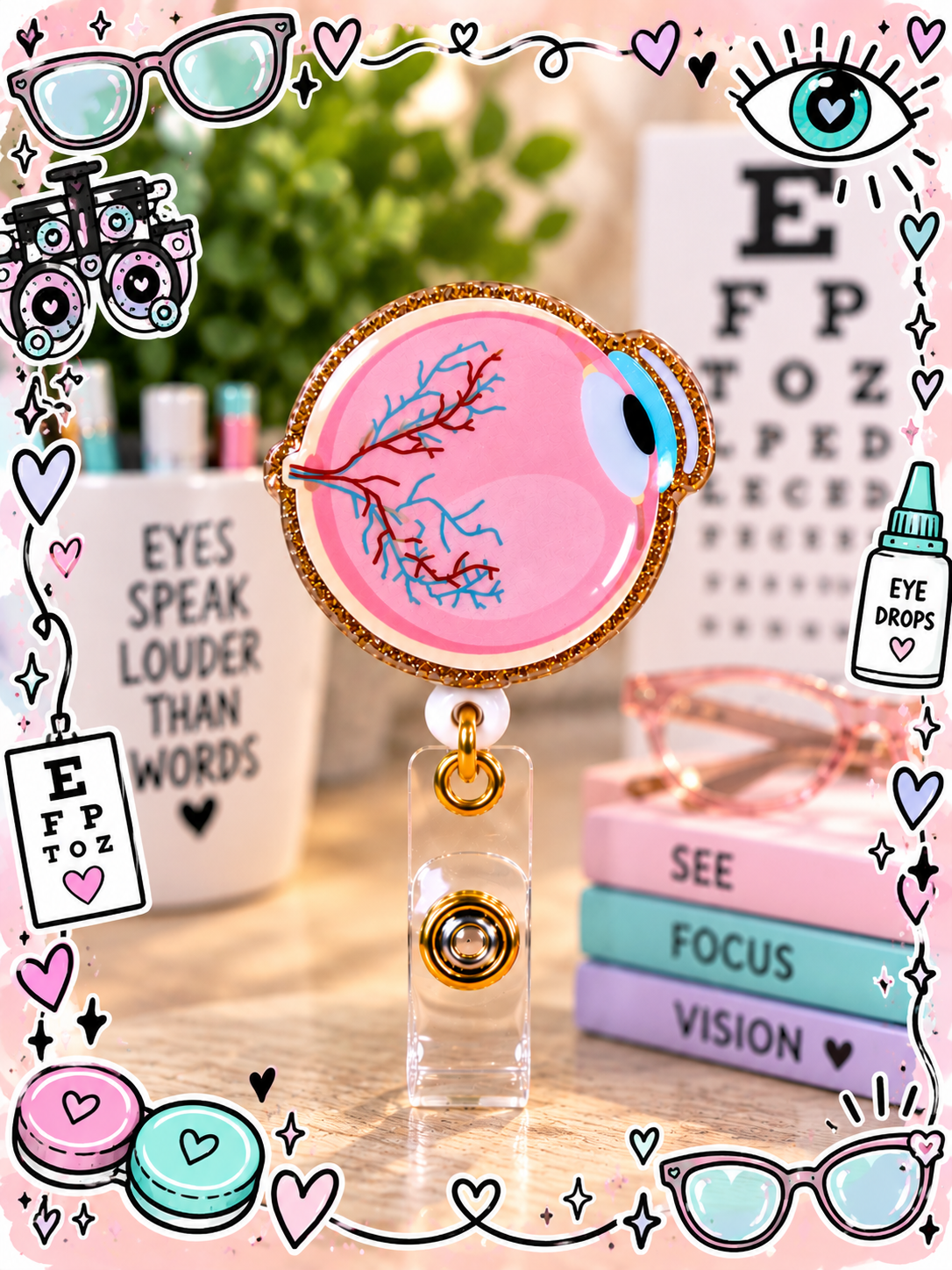 Anatomical eye badge reel with pink design and red and blue vessel details