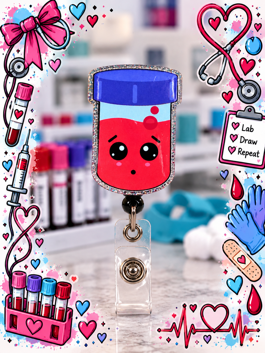 Cute blood vial badge reel with rosy cheeks in a colorful lab scene