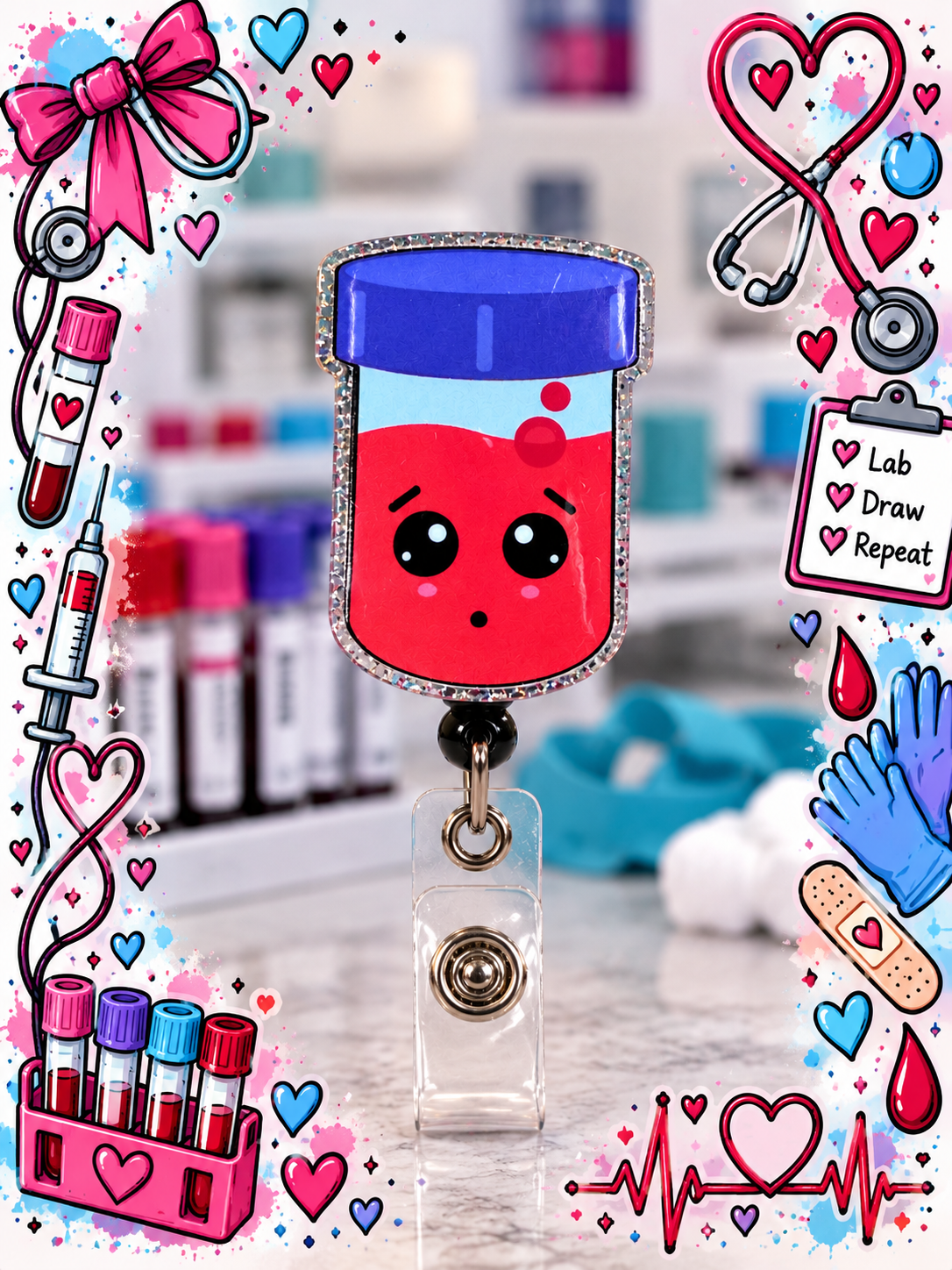 Cute blood vial badge reel with rosy cheeks in a colorful lab scene
