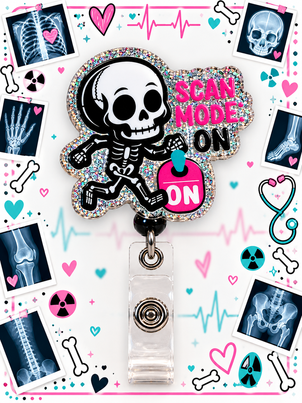 Close-up of Scan Mode On skeleton badge reel with black bead and clear snap strap