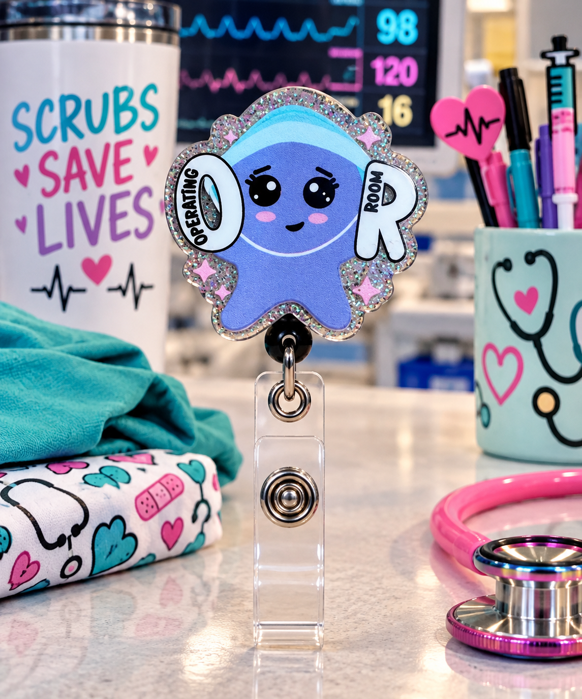 Purple Operating Room character badge reel displayed with teal and pink medical props