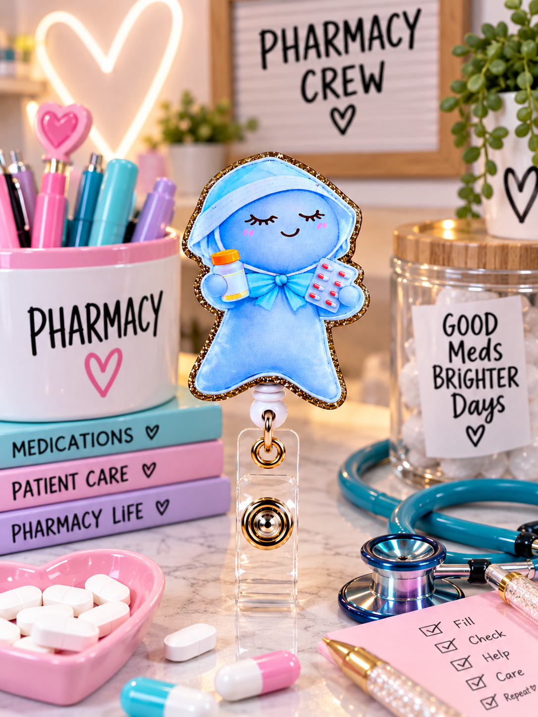 Blue pharmacy badge reel displayed with pharmacy-themed desk accessories