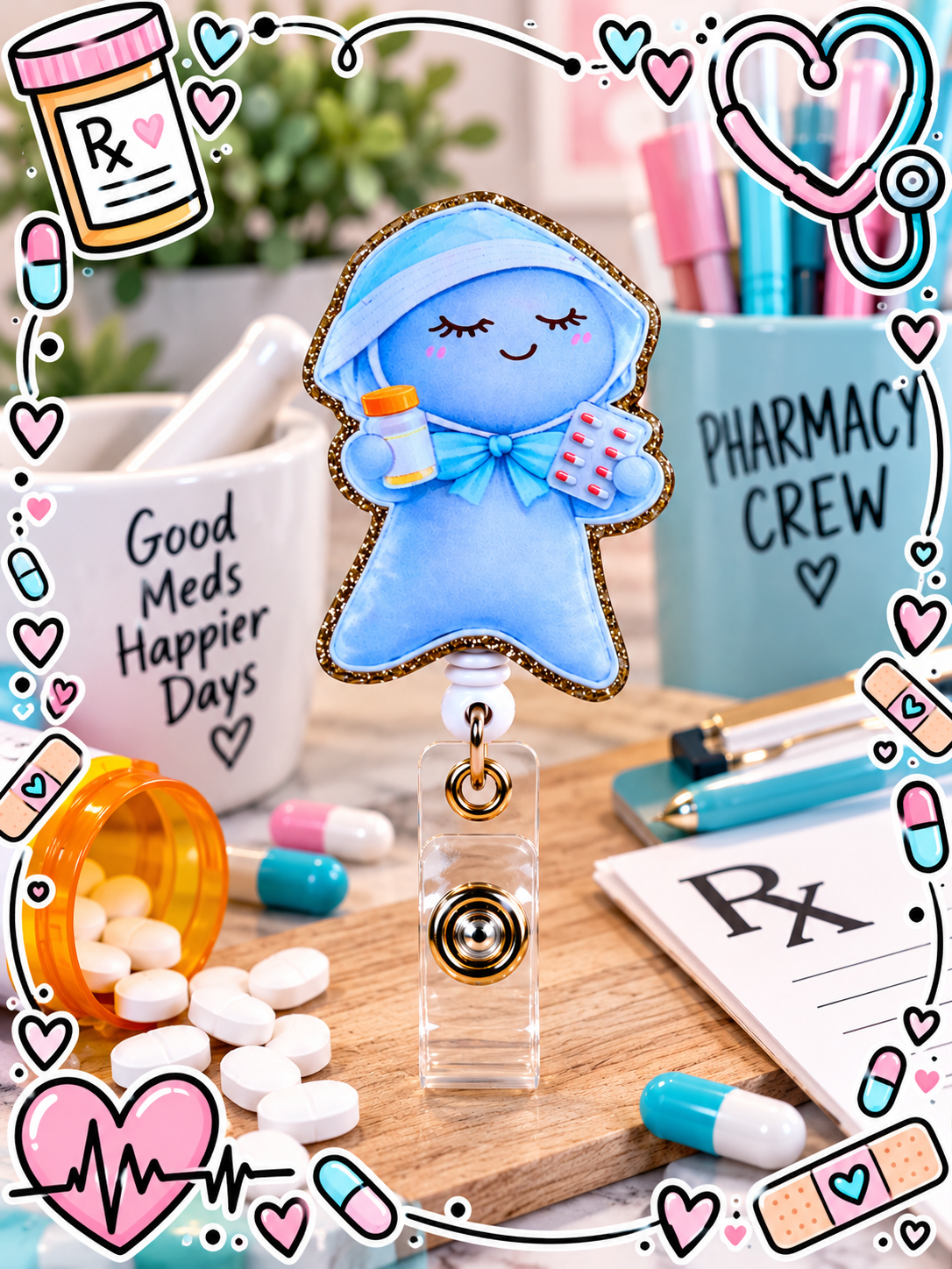 Blue healthcare character badge reel displayed beside scrubs and a stethoscope