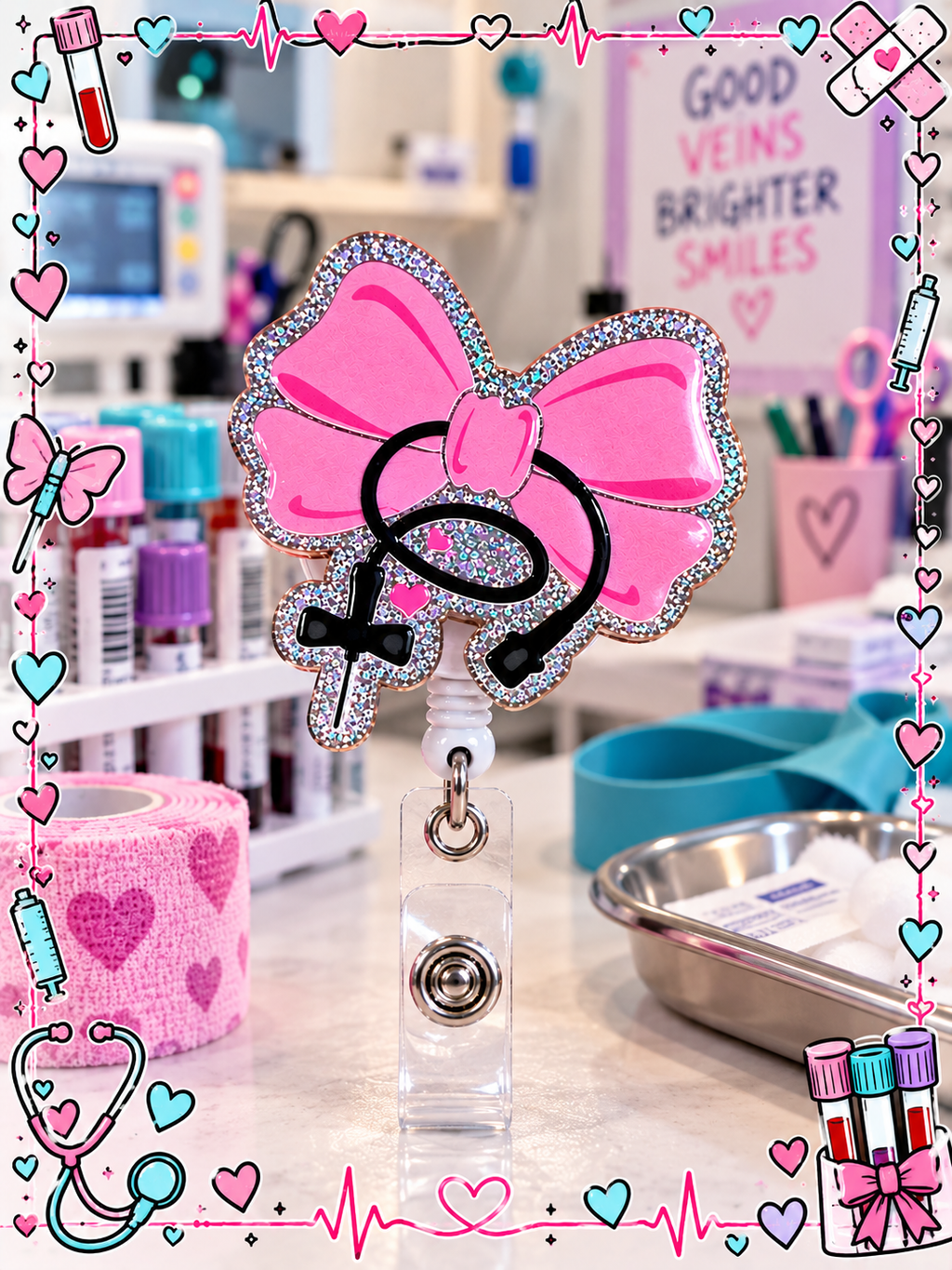 Pink bow badge reel with black butterfly needle motif and small pink hearts