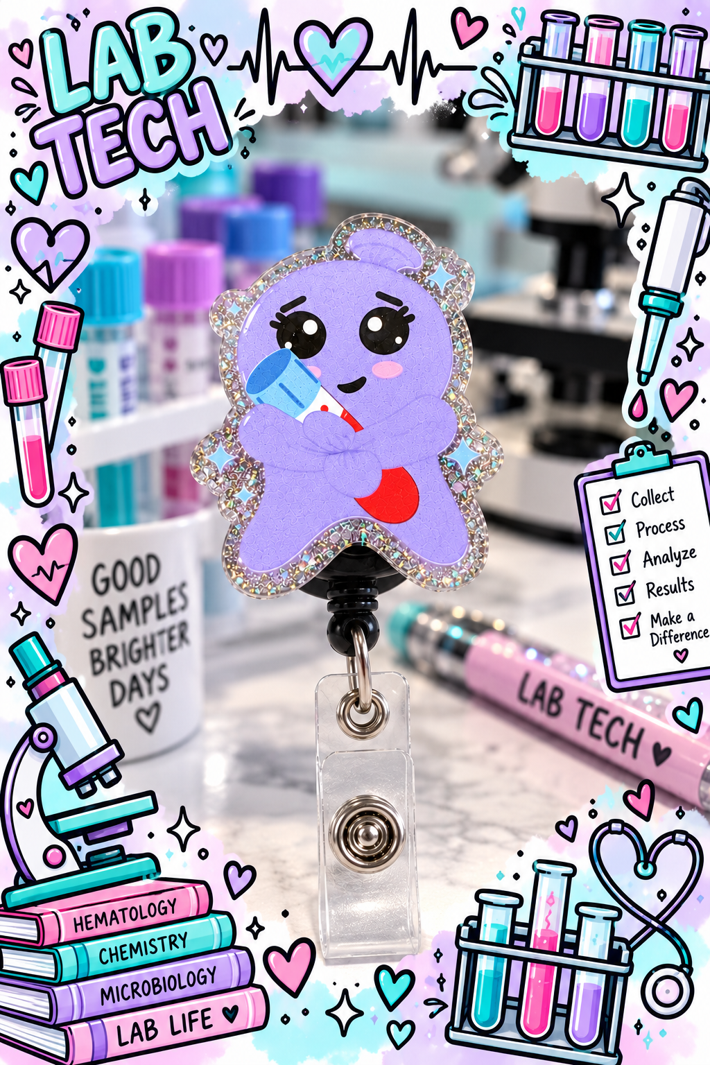 Lavender character hugging a blood collection tube against a dark background