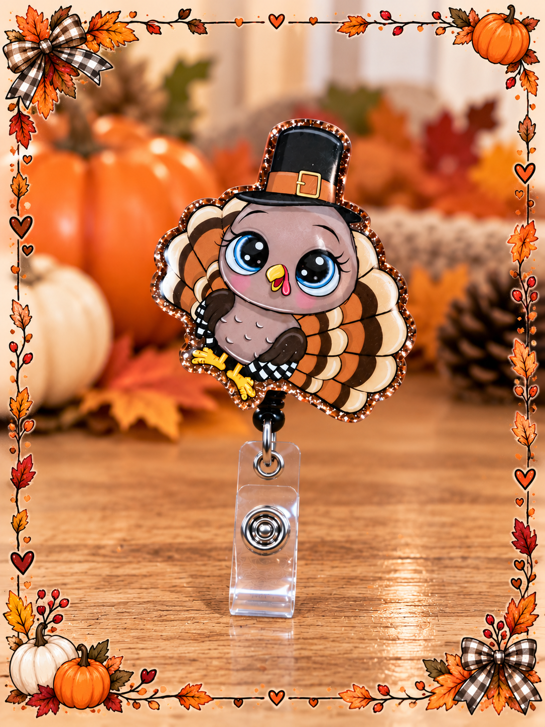 Cute Thanksgiving turkey badge reel with black buckle hat, autumn feathers, and glittery edging
