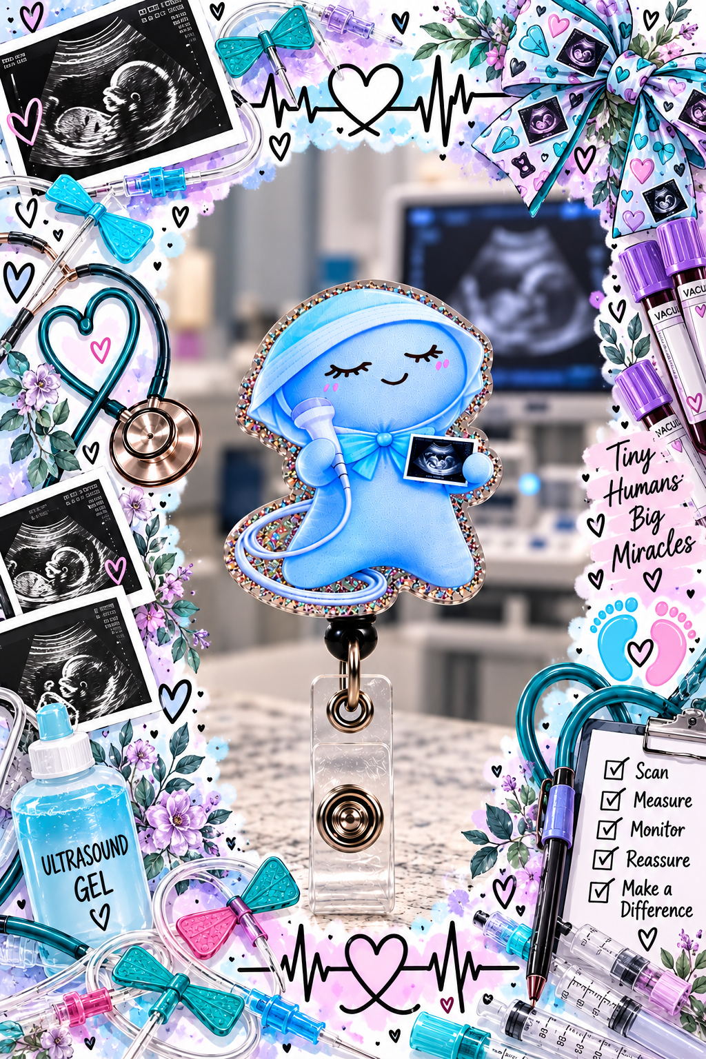 Cute blue ultrasound tech badge reel with clear snap strap in a sonography-themed display