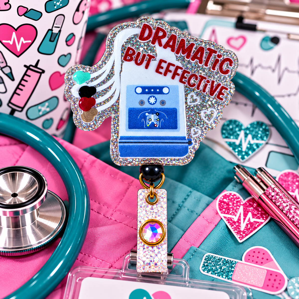 Close-up of Dramatic But Effective badge reel beside nursing-themed desk accessories