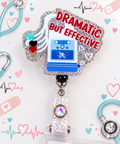 Dramatic But Effective badge reel with blue defibrillator artwork and silver glitter