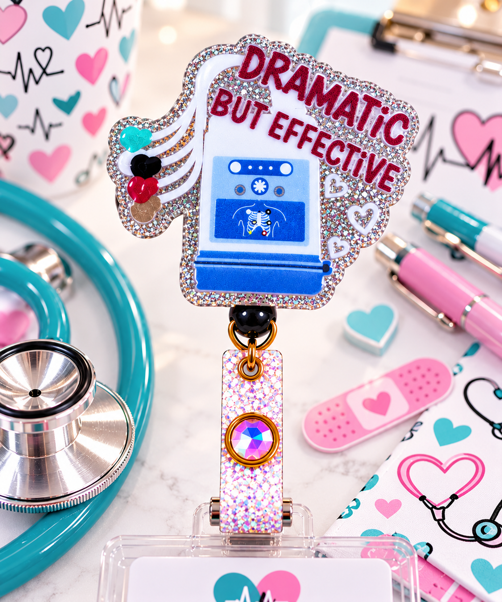 Dramatic But Effective nurse badge reel with glitter strap in a pink and teal display