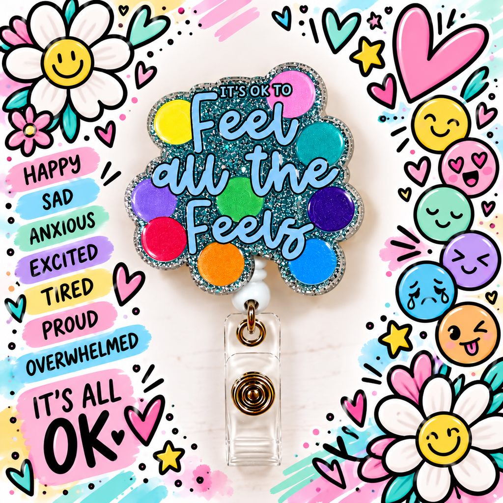 Feel All the Feels badge reel framed by feelings-themed words and smiling faces