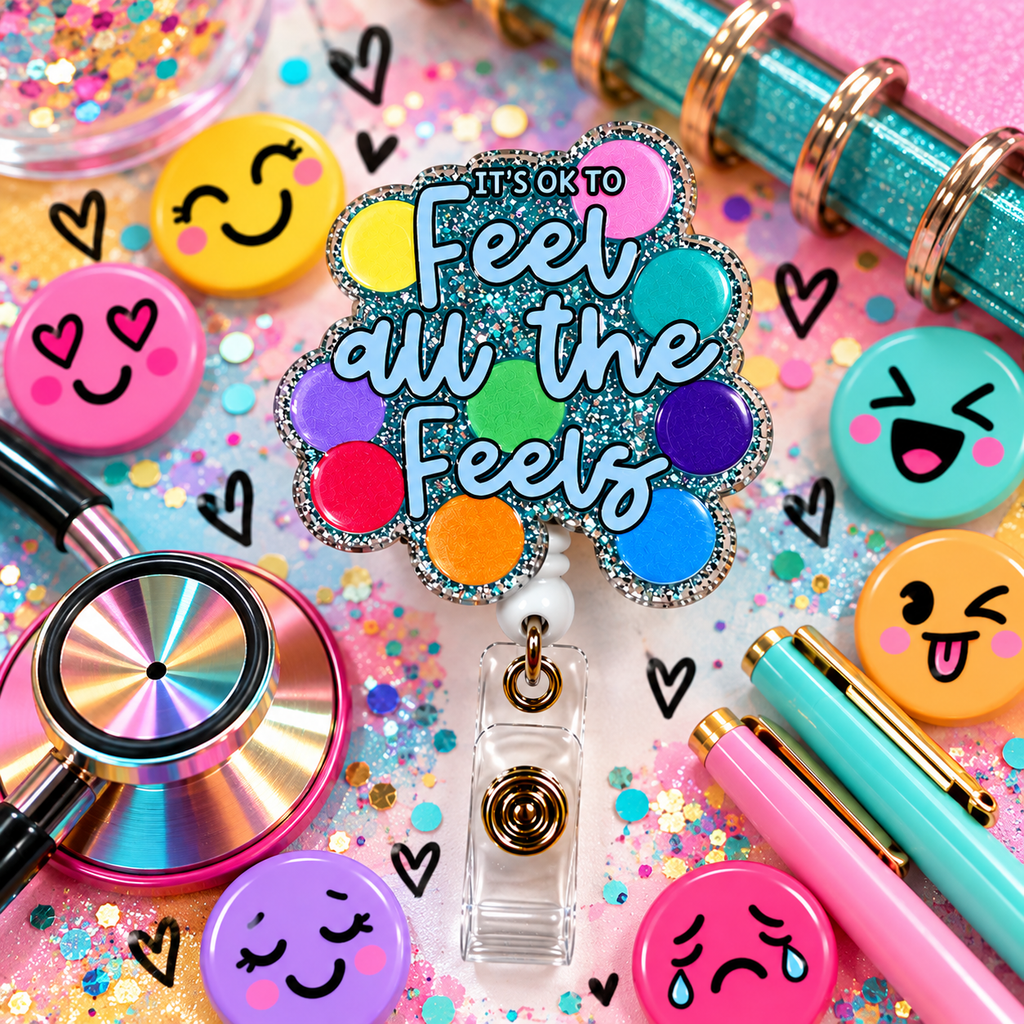 Feel All the Feels badge reel with rainbow circles beside a stethoscope and stationery