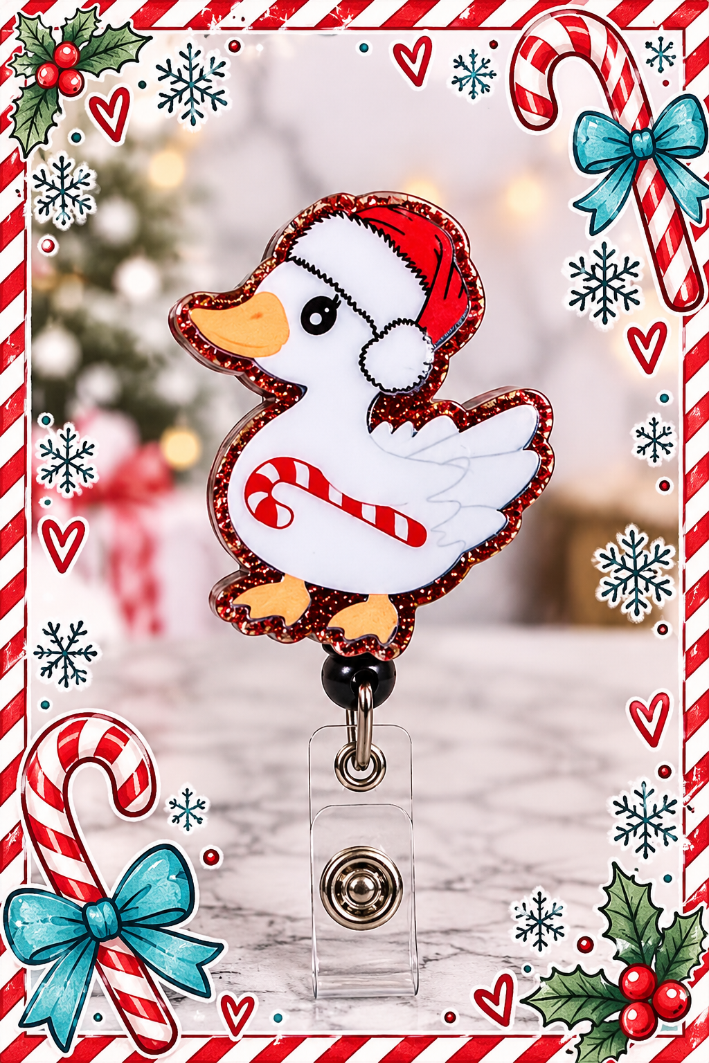 Glitter-edged Santa duck badge reel with red-and-white candy cane detail