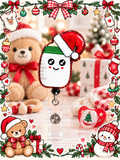 Smiling Christmas baby bottle badge reel with red Santa hat and glittery red border