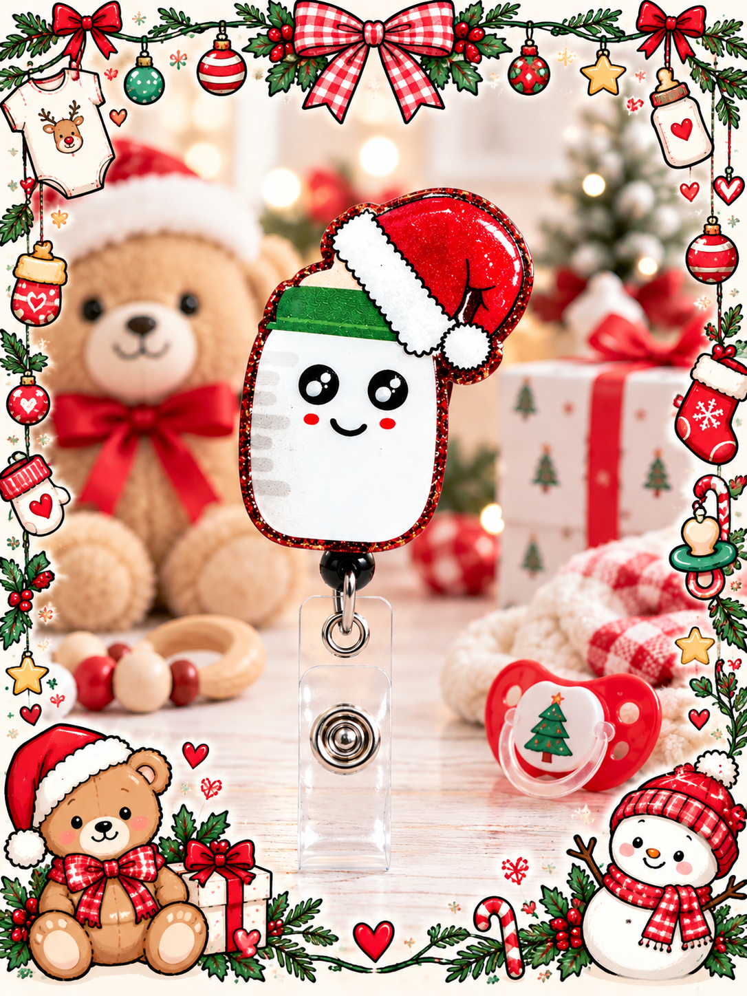 Smiling Christmas baby bottle badge reel with red Santa hat and glittery red border