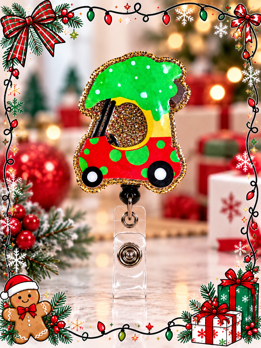 Red and green festive golf cart badge reel with clear snap strap