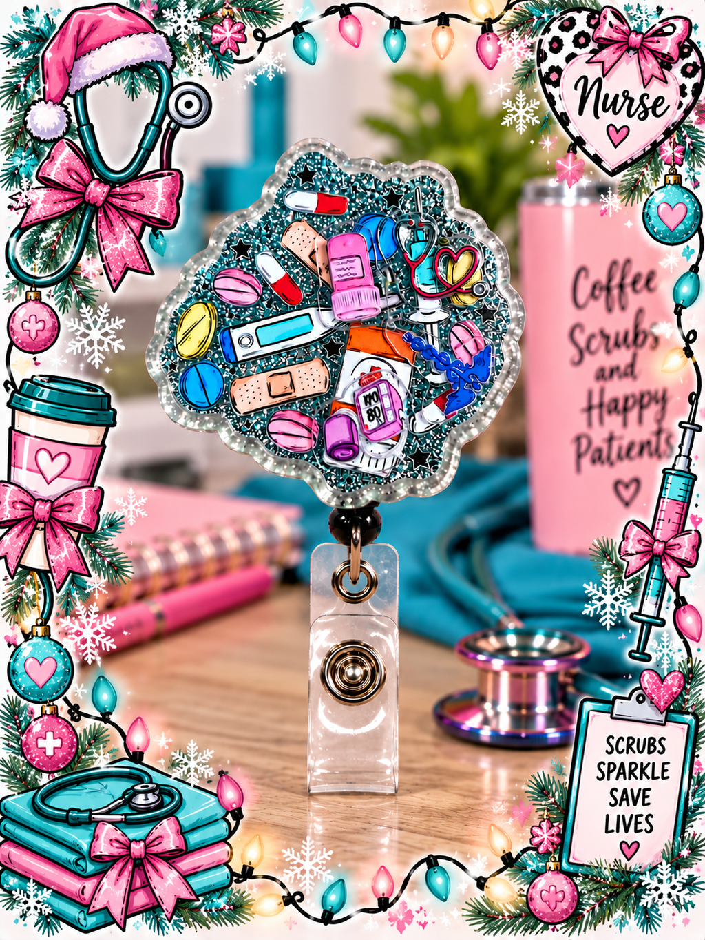 Teal glitter medical-supply badge reel in a festive nursing-themed display