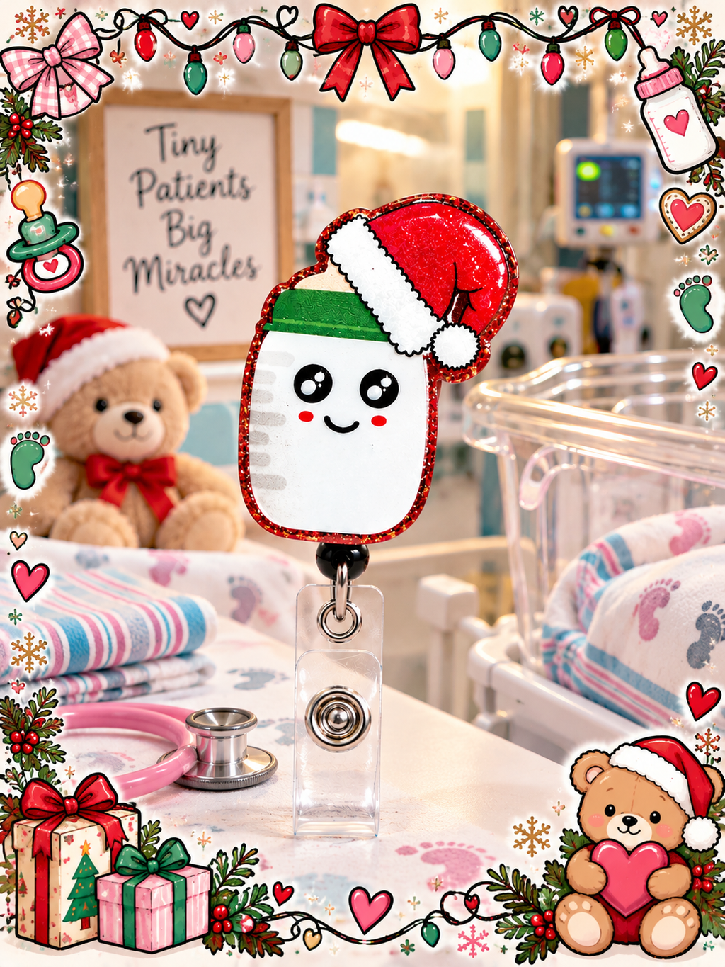 Christmas baby bottle badge reel with clear snap strap in a NICU-themed holiday display