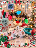 Red-nosed reindeer badge reel with colorful Christmas light designs and gold glitter background