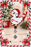 White duck badge reel with red Santa hat, candy cane design, and glittery red border