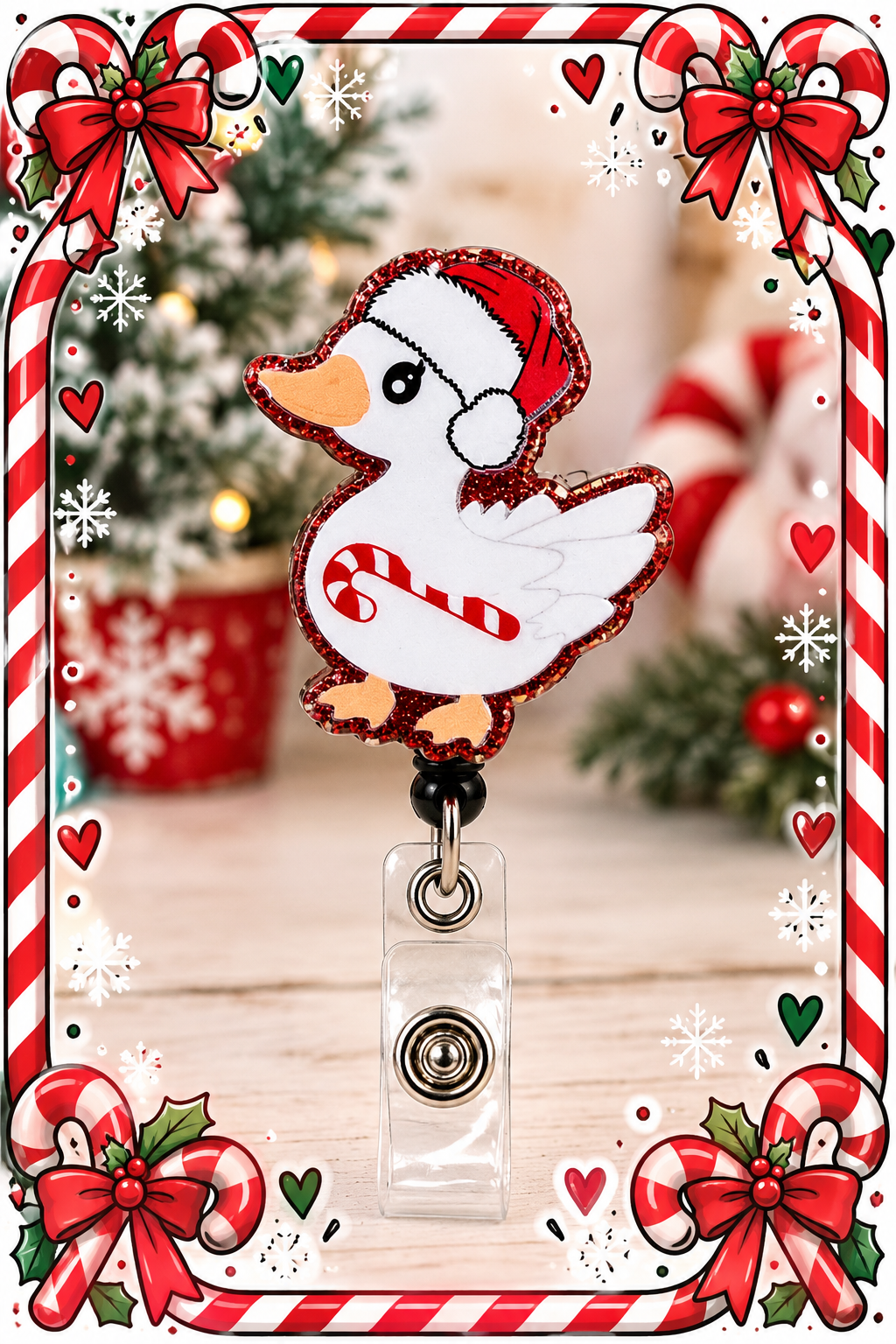 White duck badge reel with red Santa hat, candy cane design, and glittery red border