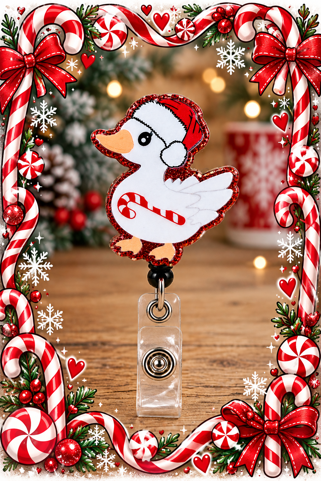 Santa duck and candy cane badge reel in a holiday display