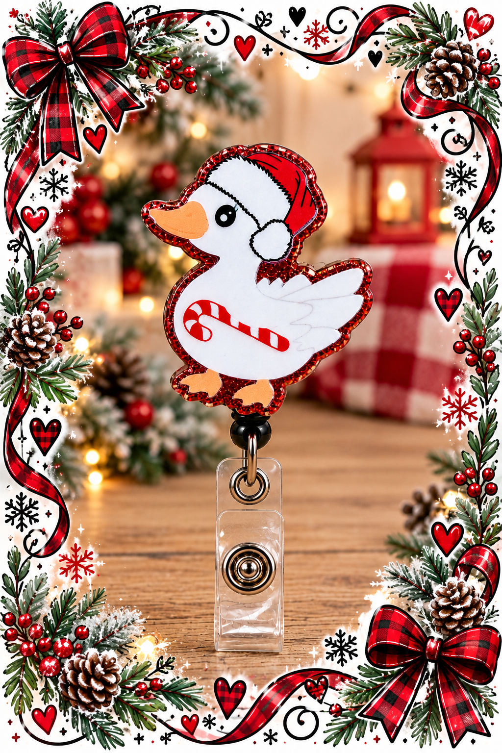 Festive white duck badge reel wearing a Santa hat