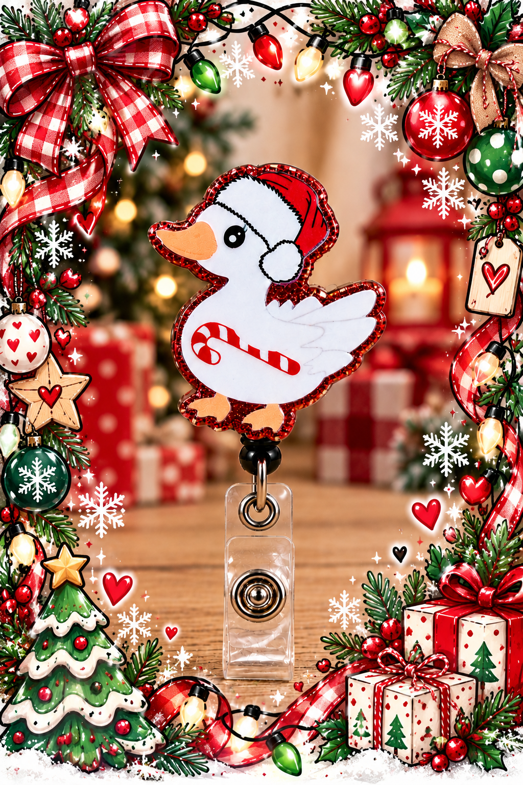 Christmas duck badge reel displayed with candy cane decorations