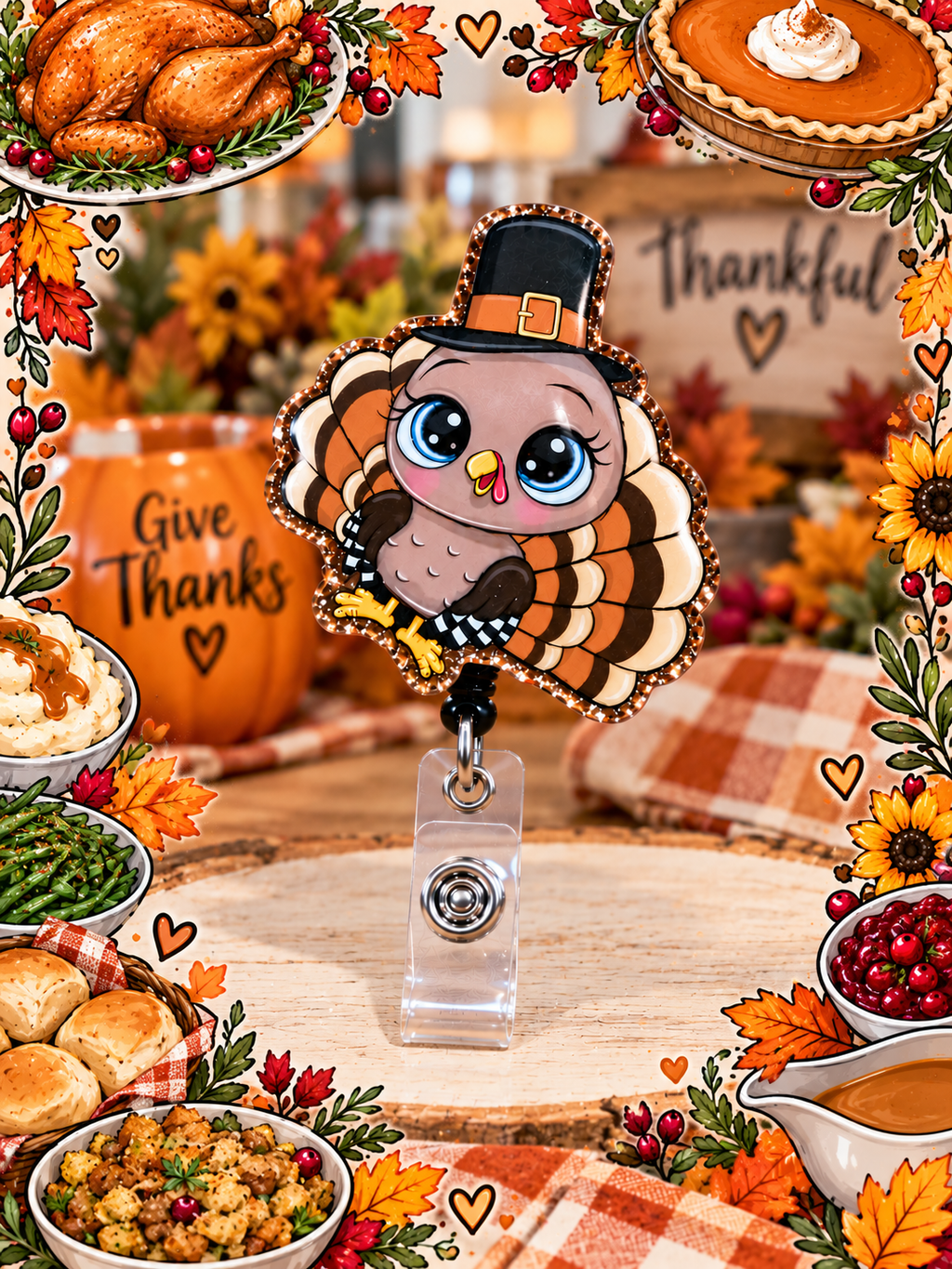 Turkey badge reel with clear snap strap displayed with autumn pumpkins